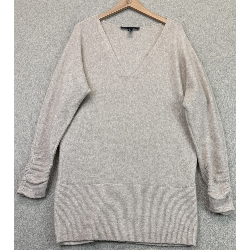 White House Black Market Womens Pullover Sweater Beige V-Neck Soft Tight Knit M